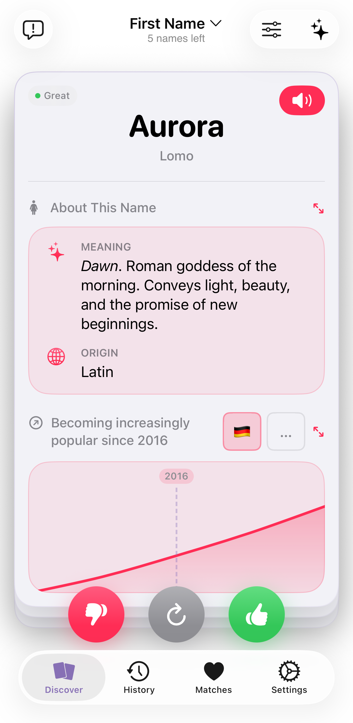 The Onoma swipe interface showing a name card with meaning, origin, and popularity data