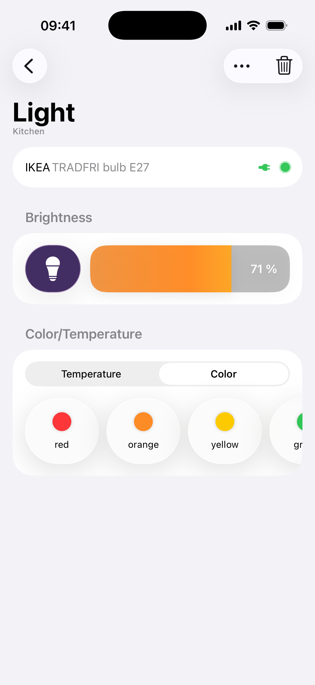 Device detail view showing brightness and color controls for a light